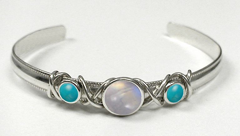 Sterling Silver Hand Made Cuff Bracelet With Rainbow Moonstone And Turquoise